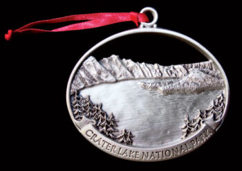 Pewter ornament of Crater Lake National Park.