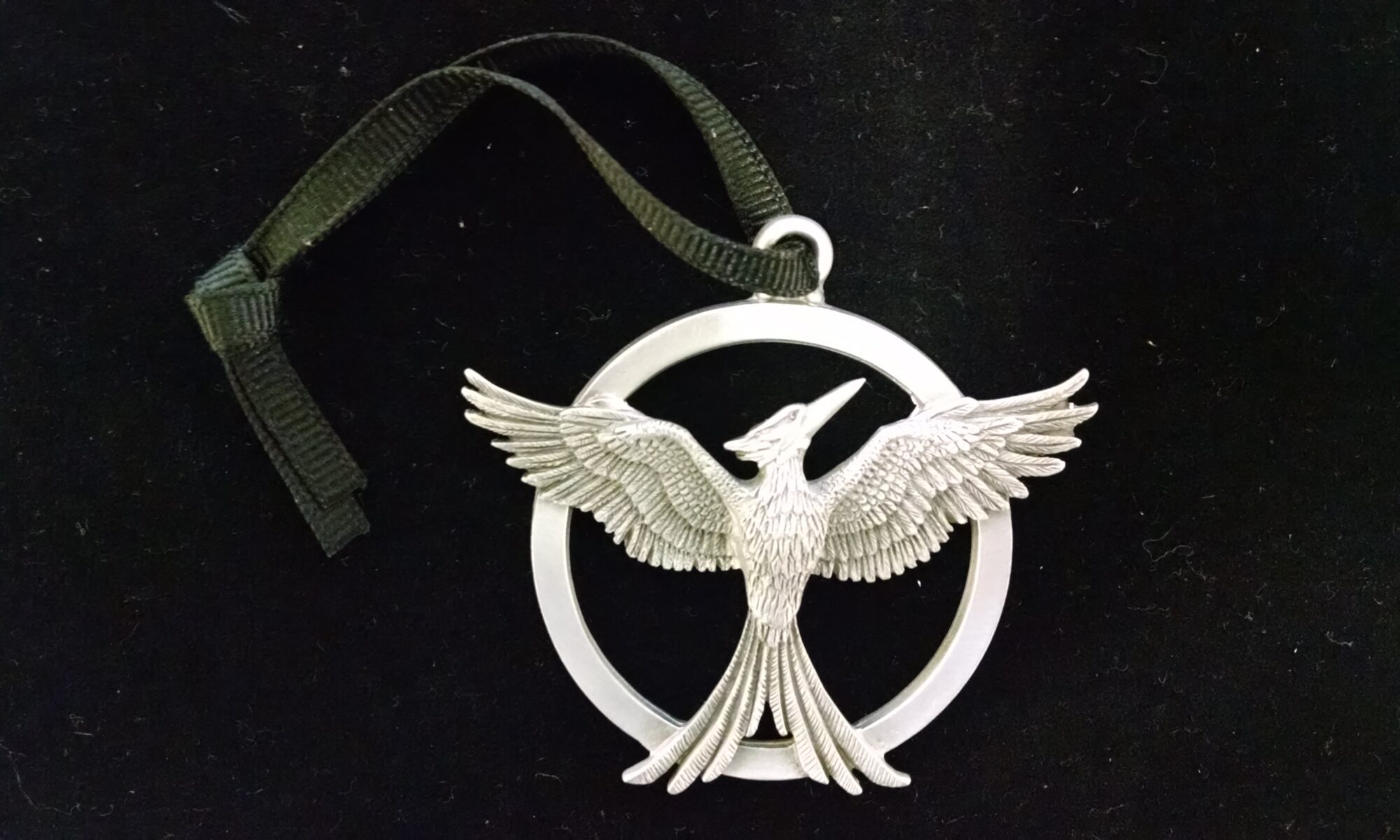 A silver Mockingjay pendant on a black background.